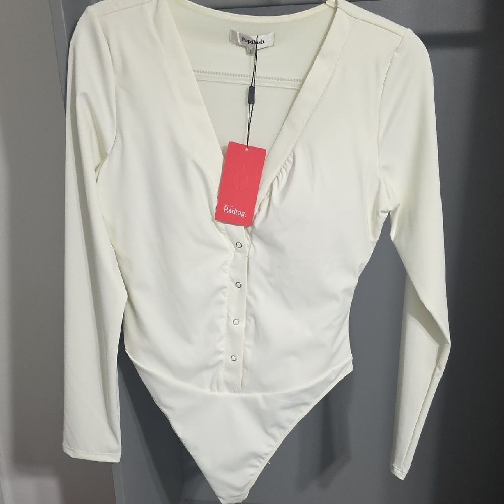 Popilush Ivory Long-Sleeve Snap-Front V-Neck Bodysuit